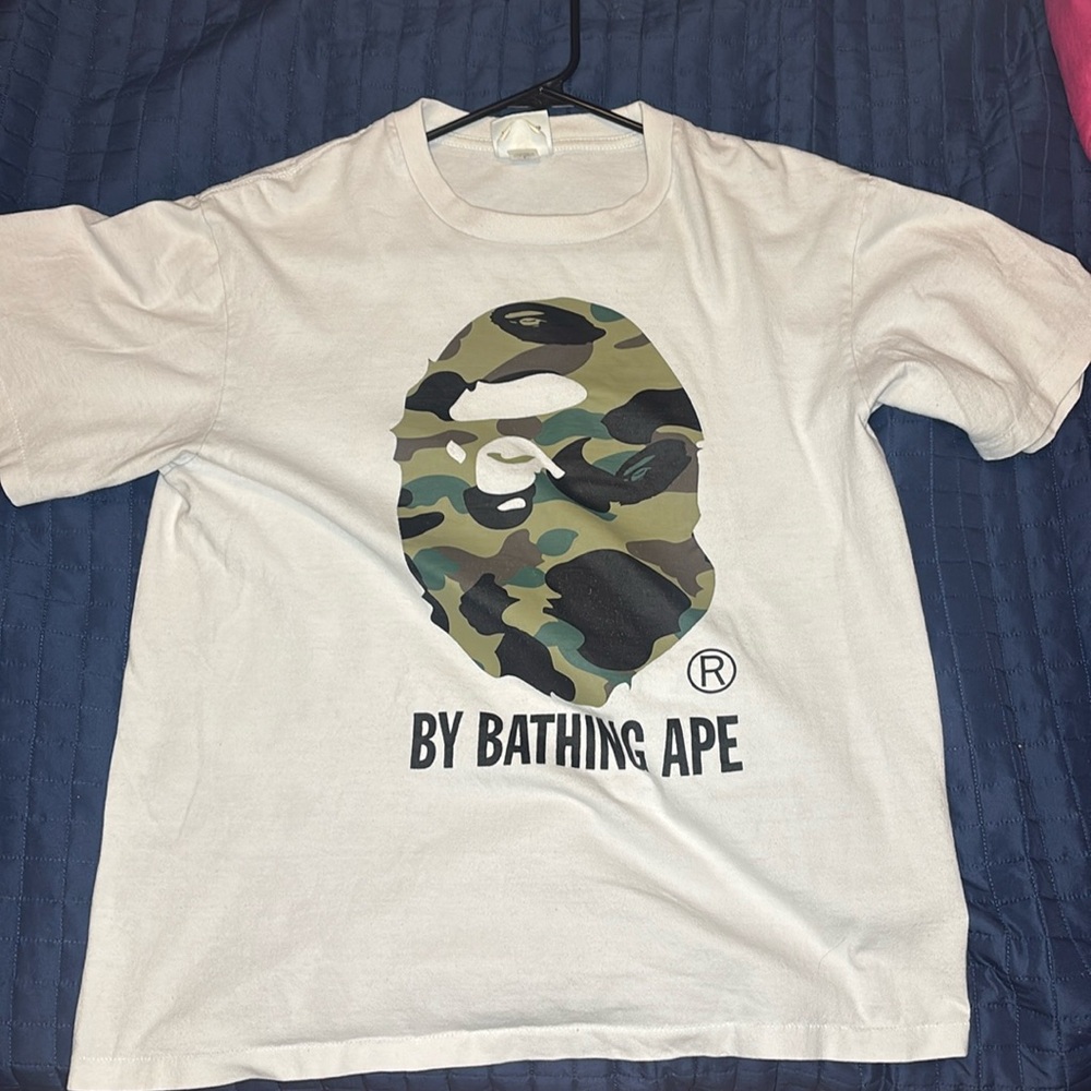 Bape White Tee with Green Camouflage Ape Logo